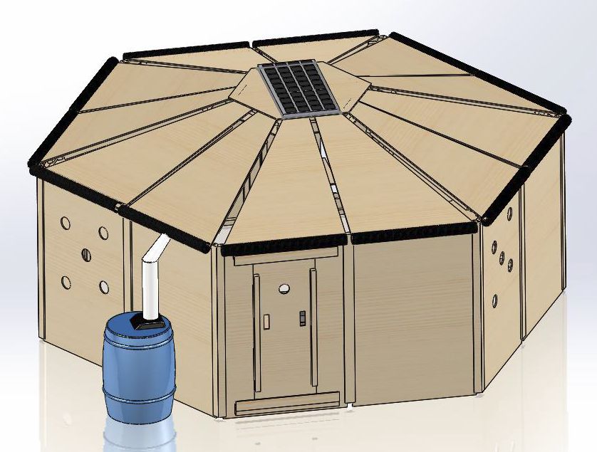 Assembled HOME Shelter with rain recovery barrel